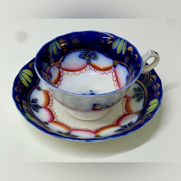 19th Century Antique Gaudy Welsh Banana Pattern Teacup & Saucer Set - Picture 3 of 10